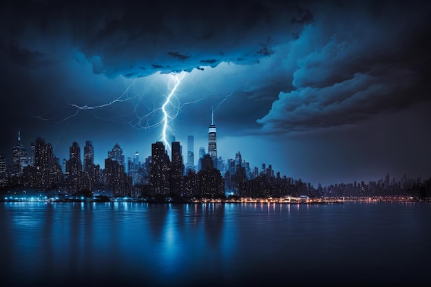 Lightning strikes over city at night Generative AI