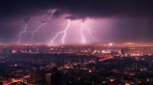 Lightning strikes over a city at night