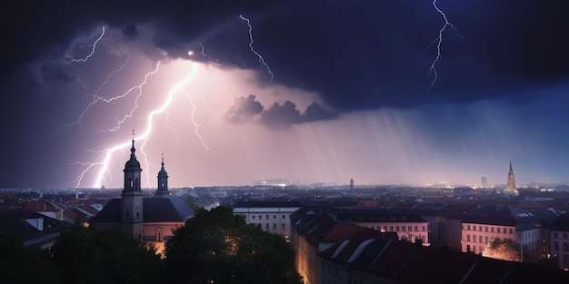 Lightning strikes over a city with a dark sky and a church in the background