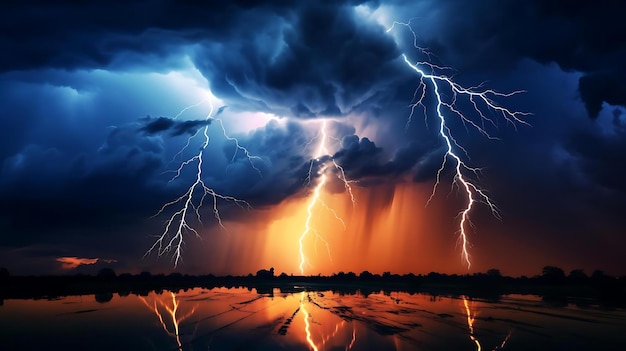 Lightning strikes over a field