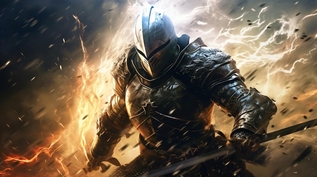 Lightning strikes a knight on battlefield wearing