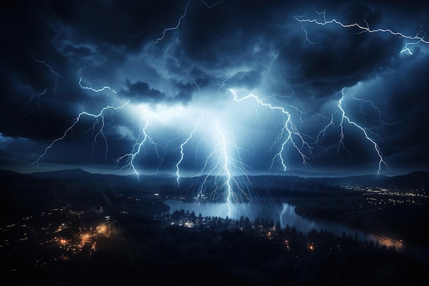 Photo lightning strikes over a lake and a city