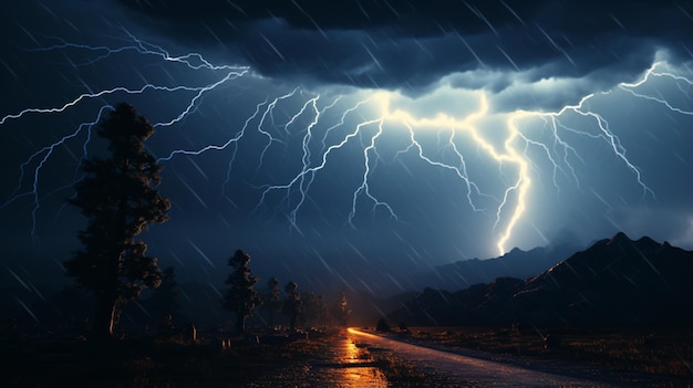 lightning strikes over a road in a dark generative ai