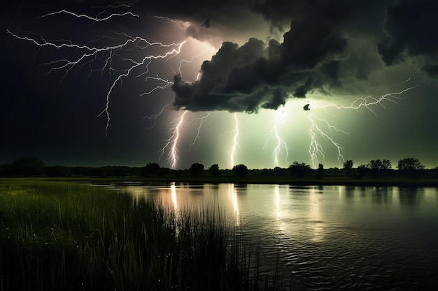 Lightning Strikes in Stormy Sky