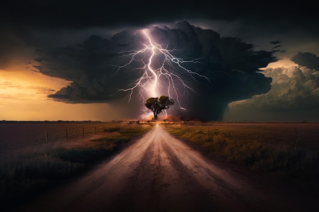 Lightning strikes tree in the middle of dirt road Generative AI