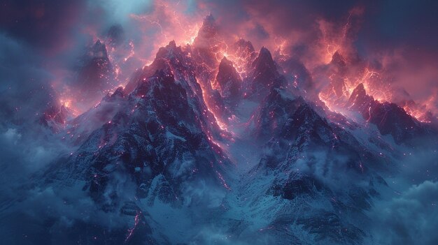 Photo lightning striking a mountain peak during background