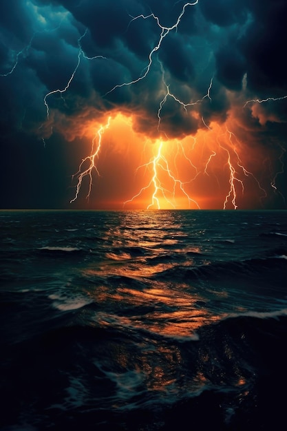 Lightning striking the ocean during a storm created with generative ai