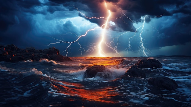 Lightning striking on the sea