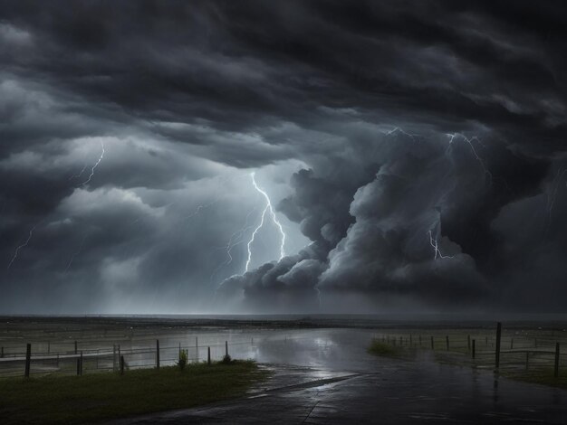 Photo lightning thunder flash rain during summer storm 3d illustration