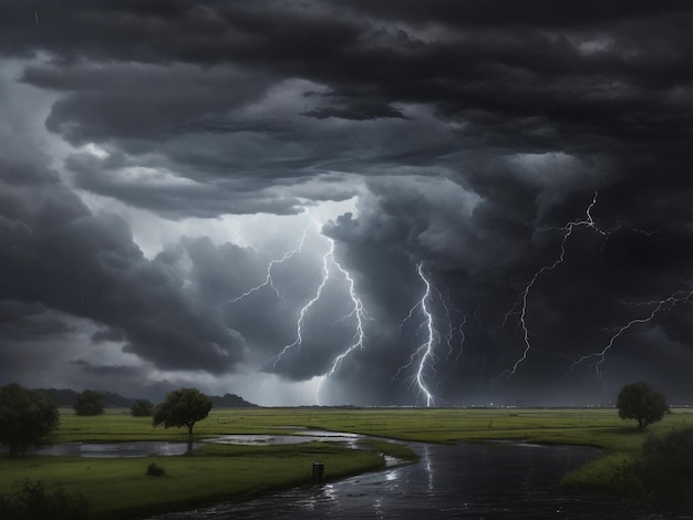 Lightning Thunder Flash Rain during summer storm 3d illustration