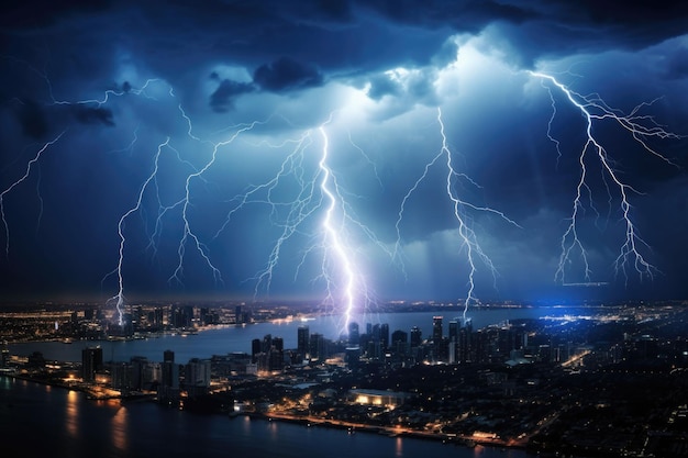Lightning thunderstorm flash over the city at night sky Generative AI illustration