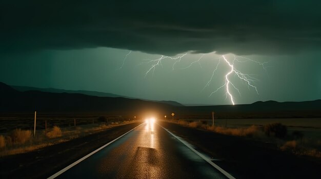 道路上の嵐の中の稲妻雷雨フラッシュ生成 AI