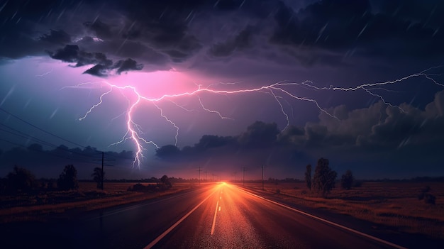 Lightning and thunderstorm on the road Generative ai