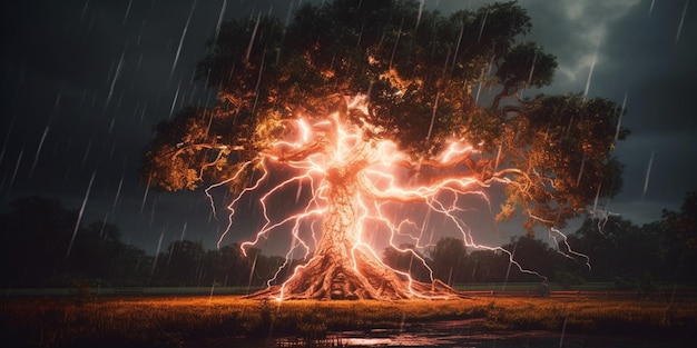 Lightning in tree stormy weather and natural disaster AI Generated
