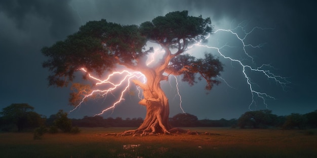 Foto fulmine nel tempo tempestoso dell'albero e disastro naturale generato dall'intelligenza artificiale