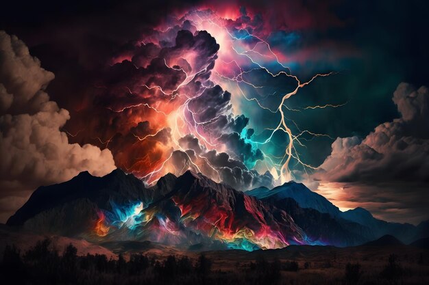 Lightning with colorful dramatic clouds Neural network AI generated