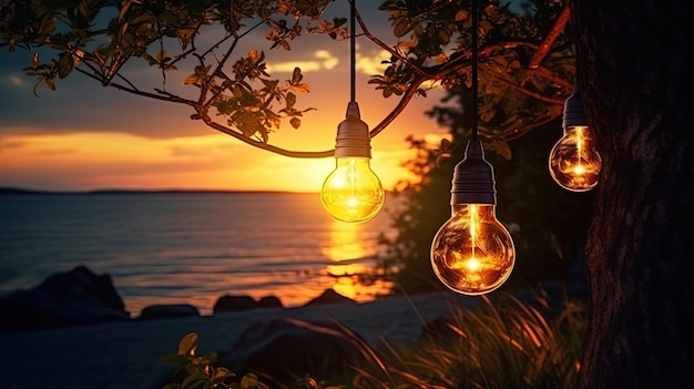 Lights on the background of sunset creating a romantic atmosphere