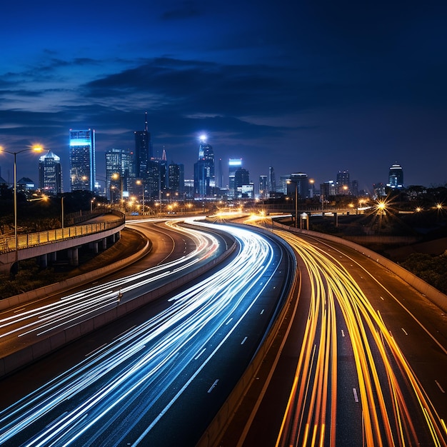 The lights of cars captured in a long exposure streak through the darkness of the night like shooting stars illuminating the roadway with a mesmerizing glow