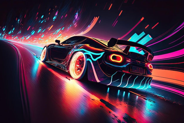 Lights of cars withnight Speeding Sports Car On Neon ai generative
