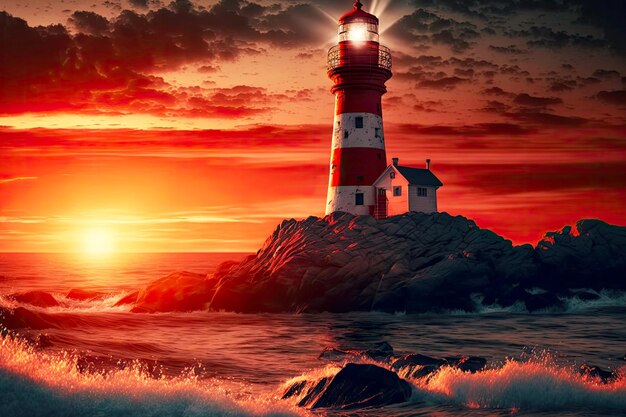 Photo lights lit on lighthouses in rays of beaful bright red sunset on sea