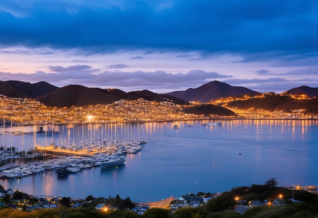 Lights of lyttelton and diamond harbour at dawn lyttelton harbour banks peninsula canterbury