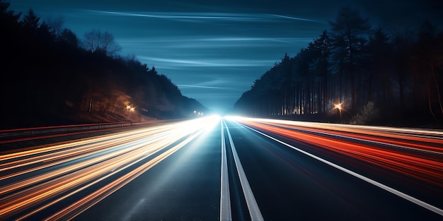 Foto luci di auto in movimento di notte lunghe tracce di luce di esposizione sulla strada