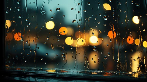 lights of the night city with a blurred background and raindrops on the glass