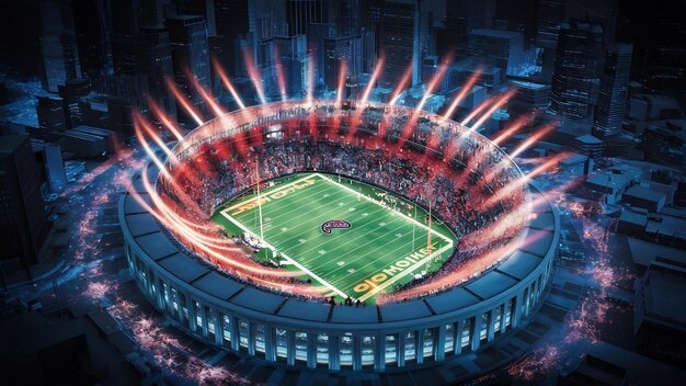Ночные огни и футбольный стадион 3D рендеринг