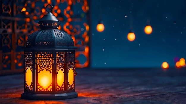 Фото Постер с темным фоном и синим исламским фоном с огнями