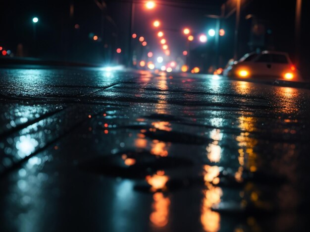 Photo lights reflection on wet asphalt futuristic product display background