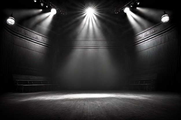 Photo lights shine on a stage that is vacant