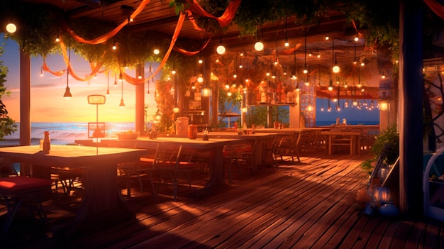 Lights in summer beach cafe Generative AI