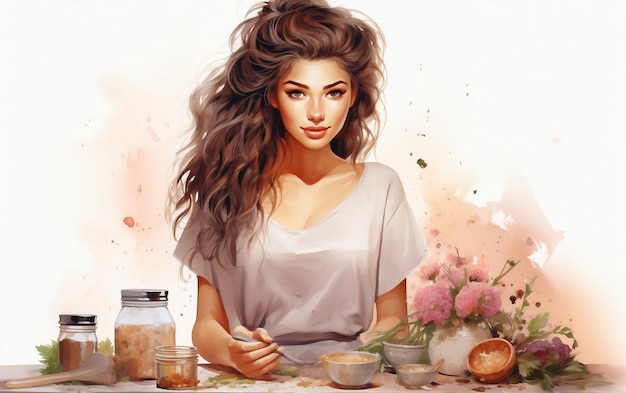 LightSkinned Woman Cooking Watercolor Illustration Generative Ai