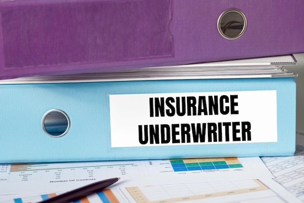 Photo a lignt blue folder with the label insurance underwriter