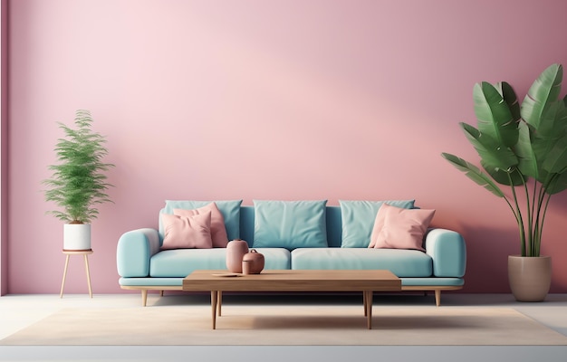 A lignt blue sofa and plants on a pink wall