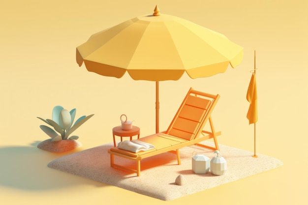 Ligstoel en parasol op een zonnig strand 3D Render Generatieve AI