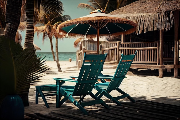 Ligstoelen en parasol met palmbomen op een tropisch strandgeneratieve ai