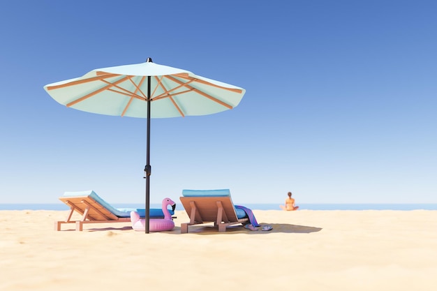 Ligstoelen en parasol op zandstrand