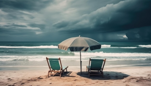 Ligstoelen en vakantiehuizen met parasols op het strand Kunstdesigns die nostalgie oproepen