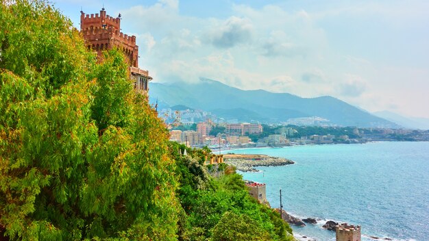 Ligurian shore and the sea in Boccadasse next to Genoa city, Liguria, Italy