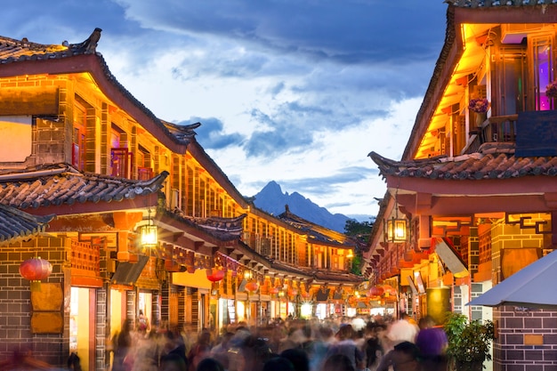 Lijiang old town in the evening with crowed tourist.