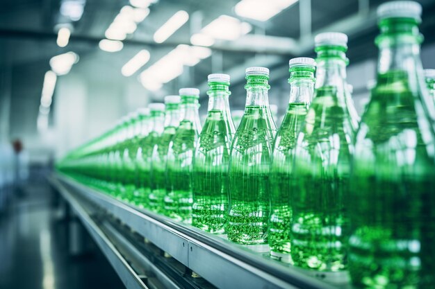 Lijn van botteldranken in plastic flessen op Conveyor Generative AI