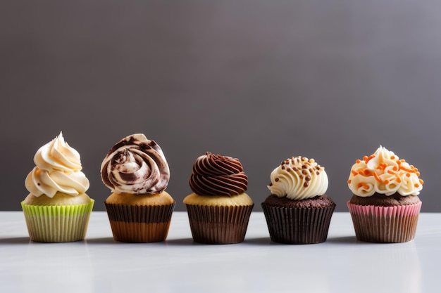 Foto lijn van cupcakes, elk met een ander ontwerp en smaak gemaakt met generatieve ai