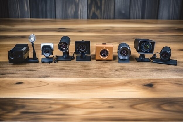 Foto lijn van diverse webcams op een houten oppervlak