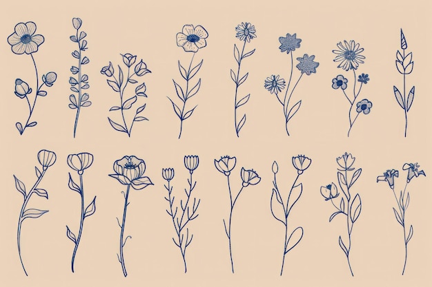 Lijnkunst bloemenillustraties op een beige achtergrond met verschillende met de hand getekende bloemen en planten in blauwe tinten