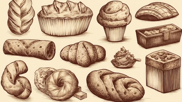 Lijnkunstset van bakkerijproducten, met inbegrip van verschillende soorten brood en gebak