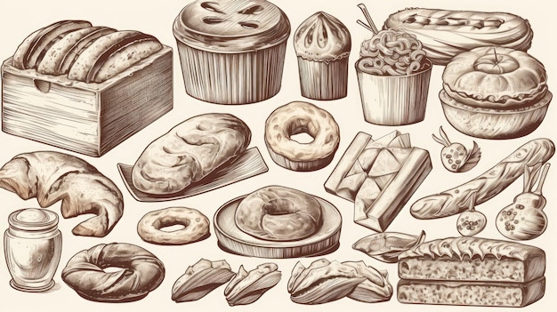 Lijnkunstset van bakkerijproducten, met inbegrip van verschillende soorten brood en gebak