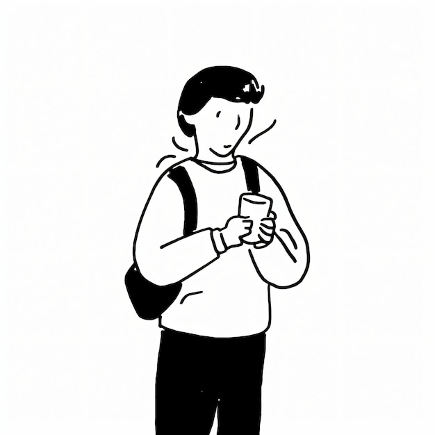 lijntekening van een student die met een kopje koffie naar zijn smartphone kijkt terwijl hij naar zijn werk of universiteit loopt