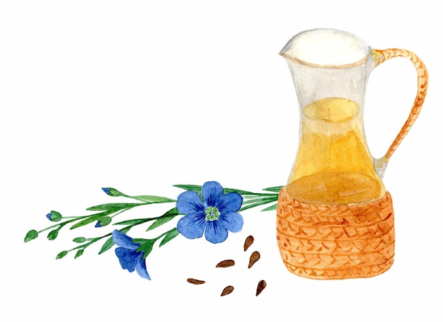 Lijnzaadolie vlas bloemen en zaden Gezonde voeding dieet en cosmetische producten Geïsoleerd op witte achtergrond aquarel tekening