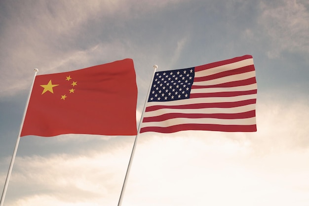 Lijst van vlaggen van China en de VS zwaaien met bewolkte blauwe hemelachtergrond, 3D-rendering Verenigde Staten van Amerika
